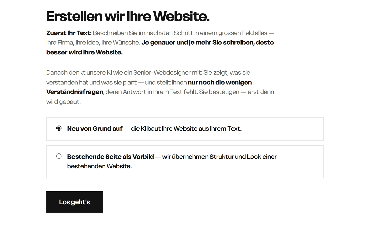 Startbildschirm des Assistenten: «Erstellen wir Ihre Website», die Wahl «Neu von Grund auf» und der Knopf «Los geht's»