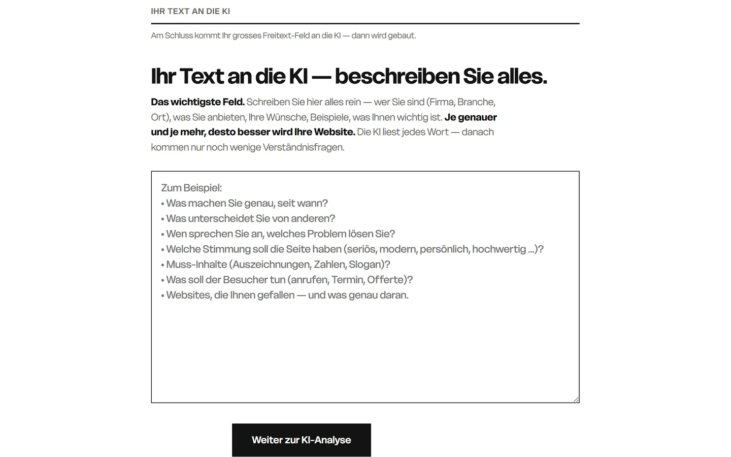 Assistent des Builders: ein grosses Textfeld «Ihr Text an die KI» mit Beispielfragen und dem Knopf «Weiter zur KI-Analyse»