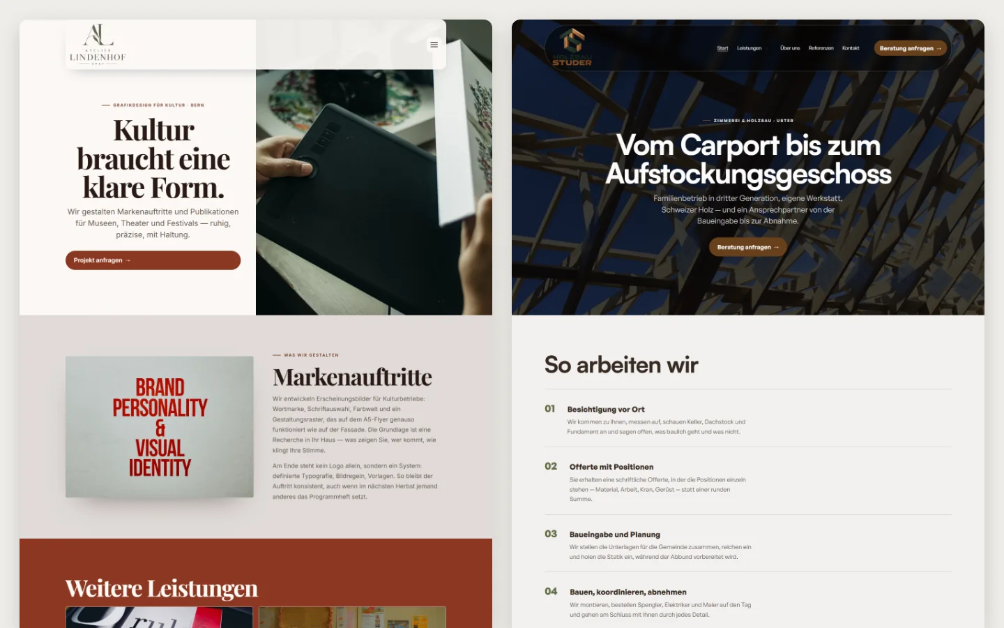 Zwei Startseiten aus dem Builder nebeneinander: links ein Grafikatelier mit geteiltem Kopfbereich und Serifenschrift, rechts eine Zimmerei mit vollflächigem Foto und nummeriertem Ablauf