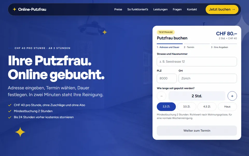 Startseite von online-putzfrau.ch: blauer Kopfbereich mit der Überschrift «Ihre Putzfrau. Online gebucht.» und einem Buchungsformular