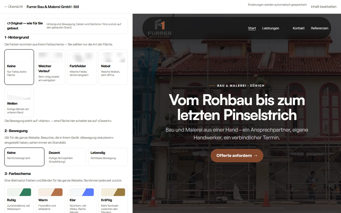 Stil-Ansicht des Builders: links die Auswahl für Hintergrund, Bewegung und Farbschema, rechts die Vorschau der Website eines Bau- und Malergeschäfts