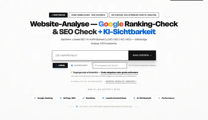 Der Ranking-Check: ein Eingabefeld für die Domain, daneben die Wahl zwischen lokal und schweizweit