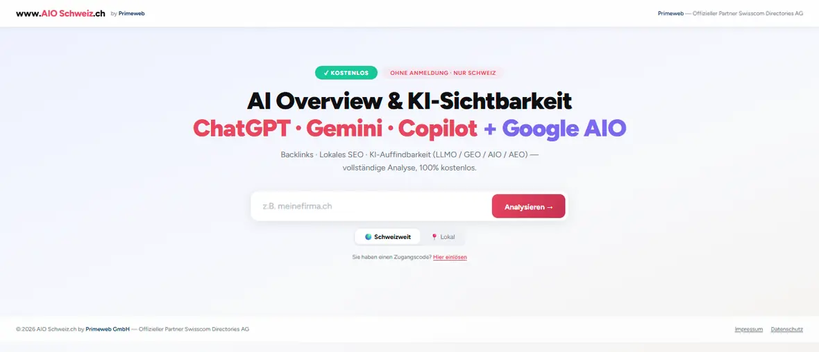 Startseite von aio-schweiz.ch: Titel «AI Overview & KI-Sichtbarkeit — ChatGPT · Gemini · Copilot + Google AIO».