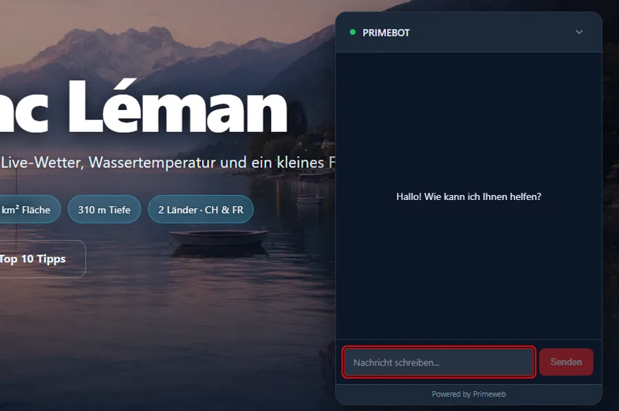 Der geöffnete Chatbot «PRIMEBOT» auf lacleman.ch: dunkles Chatfenster vor dem Abendbild des Genfersees, mit dem Vermerk «Powered by Primeweb».