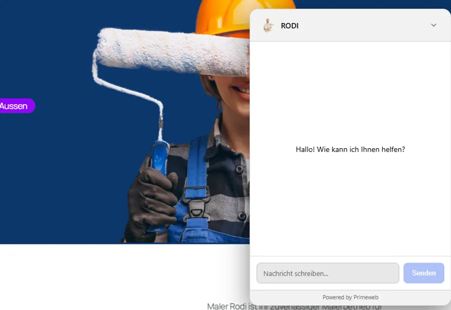 Der geöffnete Chatbot «RODI» auf maler-rodi.ch: helles Chatfenster mit der Begrüssung «Hallo! Wie kann ich Ihnen helfen?» und dem Vermerk «Powered by Primeweb».