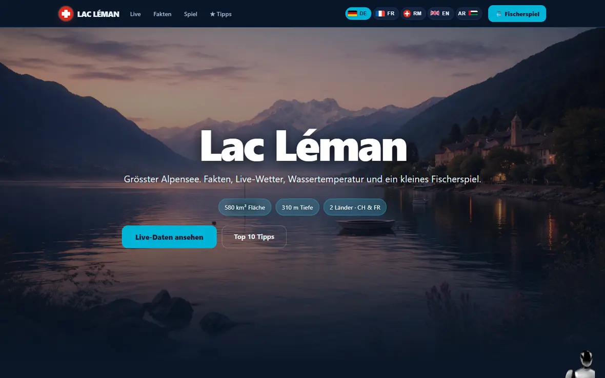 Startseite von lacleman.ch: Abendstimmung am Genfersee mit Bergen, Titel «Lac Léman», Angaben zu Fläche, Tiefe und Ländern.