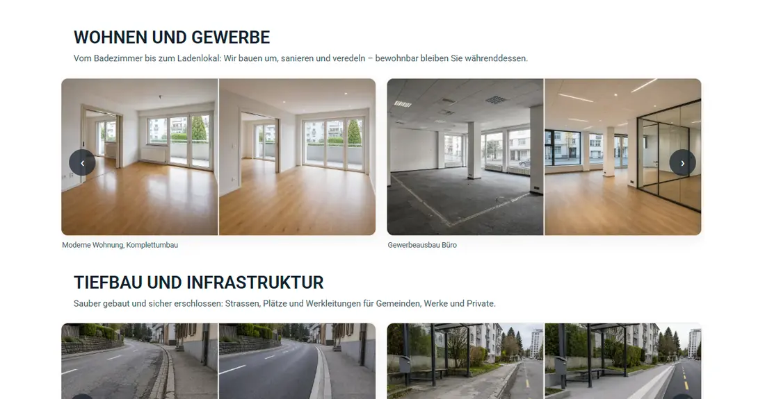 Vorher-Nachher-Schieber auf lm-bau-renovationen.ch: je zwei Fotos desselben Raums vor und nach dem Umbau, dazwischen ein Griff zum Ziehen.
