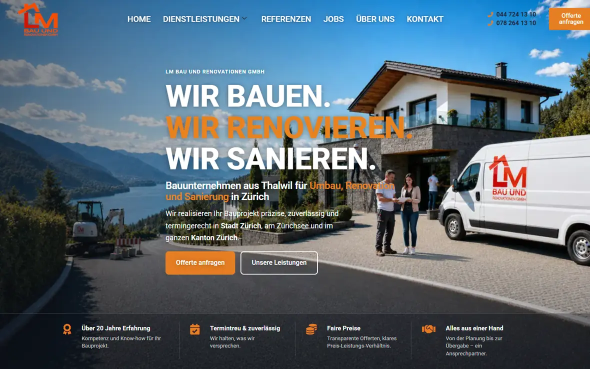 Startseite von lm-bau-renovationen.ch: Bauunternehmen für Umbau, Renovation und Sanierung im Raum Zürich.