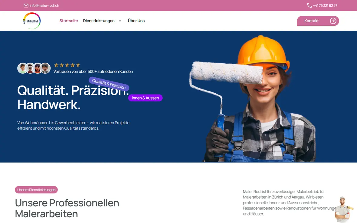 Startseite von maler-rodi.ch: Malerin mit Farbrolle vor dunkelblauem Grund, Titel «Qualität. Präzision. Handwerk.».