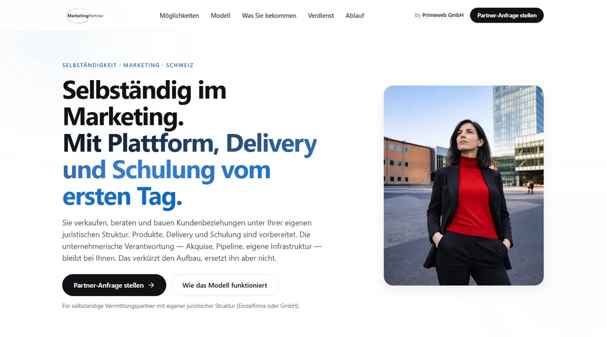 Startseite von marketingpartner.ch: Titel «Selbständig im Marketing» neben dem Foto einer Frau vor einem Bürogebäude.