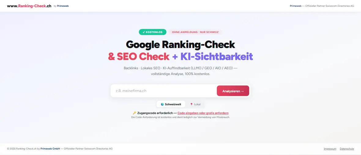 Startseite von ranking-check.ch: Titel «Google Ranking-Check & SEO Check + KI-Sichtbarkeit» mit Eingabefeld und Taste «Analysieren».