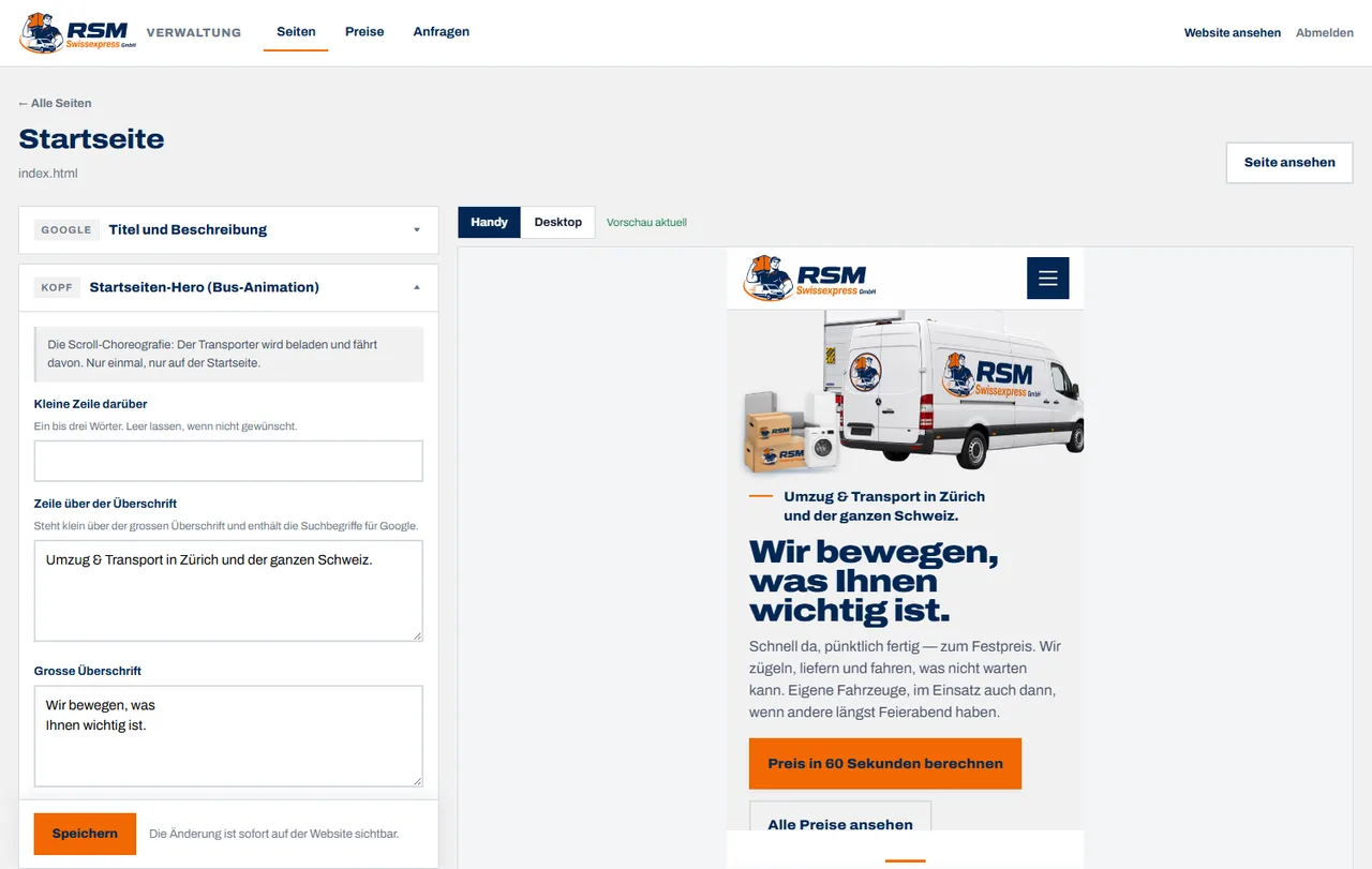 Der Editor von RSM swissexpress: links die Eingabefelder mit deutschen Beschriftungen, rechts die Website als Live-Vorschau