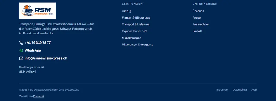 Die Fusszeile von rsm-swissexpress.ch: Firmenlogo, Kontaktangaben, Leistungs- und Unternehmensspalte, unten die Zeile «Website von Primeweb».