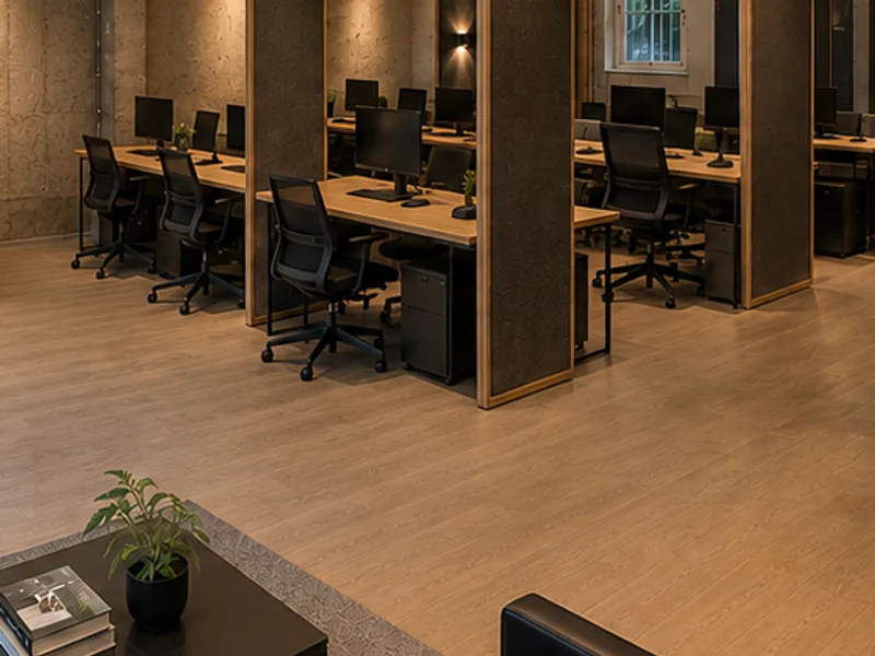 Arbeitsplätze mit Bildschirmen, Holztischen und Bürostühlen.