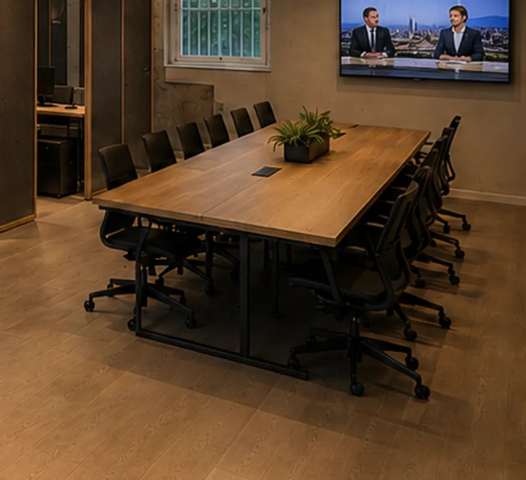 Besprechungstisch aus Holz mit Stühlen und einem Bildschirm an der Wand im Büro von Primeweb in Zürich.